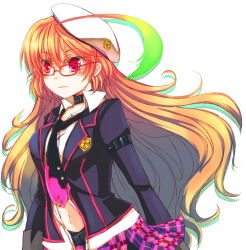 Rule 34 | 1girl, ahoge, bad id, bad pixiv id, beret, bespectacled, blazer, blonde hair, blush, choker, glasses, gradient hair, green hair, hat, jacket, long hair, milla maxwell, multicolored hair, necktie, official alternate costume, plaid, plaid skirt, red-framed eyewear, red eyes, skirt, smile, solo, suzuka (once), tales of (series), tales of xillia, white background