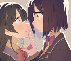 Rule 34 | 2girls, black hair, blue eyes, bow, bowtie, closed mouth, collared shirt, commentary request, eye contact, finger to another&#039;s mouth, from side, grey background, hand up, long hair, long sleeves, looking at another, multiple girls, nijisanji, parted lips, profile, purple hair, purple neckwear, red neckwear, shirt, shizuka rin, short hair, simple background, smile, sou (tuhut), sweatdrop, tsukino mito, tsukino mito (1st costume), upper body, virtual youtuber, yellow eyes, yuri