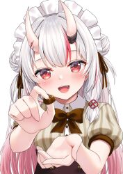Rule 34 | 1girl, alternate costume, blunt bangs, blush, bow, bowtie, candy, chocolate, double bun, dress, enmaided, fang, feeding, food, hair between eyes, hair bun, hair ornament, highres, holding, holding food, hololive, horn ornament, horns, incoming food, kotone neruneru, long hair, looking at viewer, maid, maid headdress, multicolored hair, nakiri ayame, open mouth, pink hair, red eyes, ribbon, skin-covered horns, solo, streaked hair, teeth, upper body, virtual youtuber, white background, white hair