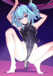 Rule 34 | 1girl, absurdres, arms up, bad id, bad pixiv id, bare arms, bare legs, barefoot, black leotard, blue background, blue eyes, blue hair, breasts, commentary request, covered erect nipples, covered navel, feet, franz (217franz), girls&#039; frontline, grin, highleg, highleg leotard, highres, huge filesize, leotard, long hair, looking at viewer, medium breasts, pa-15 (girls&#039; frontline), smile, solo, squatting, twitter username, two side up, zipper