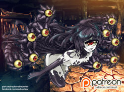 Rule 34 | 1girl, colored sclera, colored skin, commentary, commission, cyclops, english commentary, extra eyes, facebook username, floating, gazer (monster girl encyclopedia), grin, long hair, looking at viewer, monster girl, monster girl encyclopedia, one-eyed, patreon username, pixiv username, red eyes, sharp teeth, slime (substance), smile, solo, sud (sudea), tail, teeth, tentacles, white skin, yellow sclera