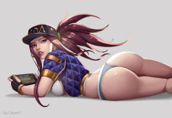 Rule 34 | 1girl, akali, ass, back, bad id, bad pixiv id, baseball cap, black gloves, blue jacket, breasts, clover7, down jacket, fingerless gloves, gloves, handheld game console, hat, headset, highres, jacket, k/da (league of legends), k/da akali, large breasts, league of legends, lips, long hair, looking back, midriff, no pants, nose, official alternate costume, panties, purple eyes, purple hair, short sleeves, solo, tablet pc, thong, underwear, white panties
