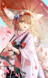 Rule 34 | 1girl, :d, absurdres, animal ears, apron, arknights, blonde hair, chinese commentary, coin purse, commentary request, falling petals, flower, fox ears, fox girl, fox tail, frilled apron, frills, green eyes, hair flower, hair ornament, hairband, highres, holding, holding umbrella, ikag, japanese clothes, kimono, kitsune, kyuubi, long sleeves, multiple tails, obi, official alternate costume, oil-paper umbrella, open mouth, petals, pink kimono, pinwheel, red hairband, red umbrella, sash, smile, solo, suzuran (arknights), suzuran (yukibare) (arknights), tail, tassel, umbrella, waist apron, white apron, wide sleeves, yagasuri