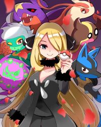 1girl absurdres arm_at_side black_coat black_pants black_shirt blonde_hair blue_eyes breasts carrot_summer closed_mouth coat collarbone creatures_(company) cynthia_(pokemon) eyelashes fingernails fur-trimmed_sleeves fur_collar fur_trim game_freak garchomp gastrodon gastrodon_(west) gen_3_pokemon gen_4_pokemon gradient_background hair_ornament hair_over_one_eye hand_up highres holding holding_poke_ball long_hair long_sleeves looking_at_viewer lucario medium_breasts milotic nintendo pants petals poke_ball poke_ball_(basic) pokemon pokemon_(creature) pokemon_dppt red_petals roserade shirt smile spiritomb very_long_hair