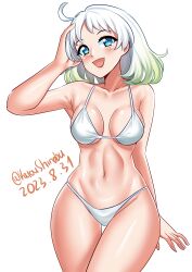 Rule 34 | 1girl, absurdres, ahoge, alternate breast size, bikini, blue eyes, breasts, cowboy shot, dated, gradient hair, green hair, hand on own head, highres, kantai collection, katou shinobu, medium breasts, multicolored hair, natsugumo (kancolle), one-hour drawing challenge, short hair, simple background, solo, standing, swimsuit, thigh gap, twitter username, white background, white bikini, white hair