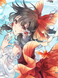 Rule 34 | 1girl, :o, adapted costume, black hair, blush, bow, brown eyes, detached sleeves, fish, frilled hair tubes, frilled skirt, frills, from behind, hair bow, hair tubes, hakurei reimu, highres, holding, japanese clothes, koi, looking back, medium hair, nontraditional miko, open mouth, red bow, red shirt, see-through, see-through sleeves, shirt, signature, skirt, sleeveless, sleeveless shirt, solo, touhou, toutenkou, upper body