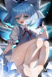 Rule 34 | 1girl, absurdres, ahoge, barefoot, blue bow, blue dress, blue eyes, blue hair, bow, cirno, collared shirt, commentary request, dfra, dress, fairy, fairy wings, fang, fog, hair bow, highres, ice, ice wings, index finger raised, legs, looking at viewer, nail polish, neck ribbon, open mouth, pinafore dress, puffy short sleeves, puffy sleeves, red ribbon, ribbon, shirt, short sleeves, skin fang, sleeveless, sleeveless dress, smile, solo, thighs, toenail polish, toenails, touhou, white shirt, wings