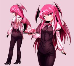 Rule 34 | 1girl, arm belt, ass, back cutout, black footwear, blush, bow, bowtie, breasts, buttons, closed eyes, clothing cutout, collared shirt, demon wings, food, head tilt, head wings, high heels, holding, juliet sleeves, koakuma, long hair, long sleeves, looking at viewer, meat, multiple views, overalls, pink background, plate, pointy ears, puffy sleeves, red eyes, red hair, red neckwear, shimizu pem, shirt, shoes, simple background, small breasts, smile, standing, touhou, white shirt, wing collar, wings