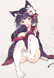 Rule 34 | 1girl, :d, animal ear fluff, animal ears, arm support, azur lane, bad id, bad pixiv id, black hair, black kimono, blush, breasts, cat ears, collarbone, commentary request, detached sleeves, fang, feet, fox mask, hair ornament, head tilt, japanese clothes, kimono, large breasts, long sleeves, looking at viewer, mask, mask on head, no shoes, open mouth, panties, pantyshot, print kimono, red eyes, short hair, sitting, smile, soles, solo, thighhighs, tsuka, underwear, white panties, white thighhighs, wide sleeves, yamashiro (azur lane)