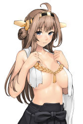 Rule 34 | 10s, 1girl, ahoge, bad id, bad nicoseiga id, black skirt, blue eyes, blush, breasts, brown hair, double bun, hairband, headgear, highres, kantai collection, kongou (kancolle), large breasts, long hair, looking at viewer, no bra, siesta (artist), simple background, skirt, solo, torn clothes, upper body, white background