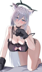 Rule 34 | 1girl, absurdres, animal ear fluff, animal ears, animal hands, barefoot, black bra, black choker, black gloves, blue archive, blue eyes, blush, bra, breasts, cat cutout, cat lingerie, cat paws, choker, cleavage, clothing cutout, cross hair ornament, dark halo, gloves, grey hair, hair between eyes, hair ornament, halo, highres, large breasts, long hair, looking at viewer, meme attire, mismatched pupils, neranainerune, parted lips, paw gloves, shiroko (blue archive), shiroko terror (blue archive), simple background, solo, underwear, white background, wolf ears