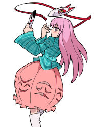 Rule 34 | 1girl, aqua shirt, bubble skirt, closed mouth, commentary, eddybird55555, english commentary, fox mask, hata no kokoro, highres, long hair, long sleeves, looking at viewer, mask, noh mask, parody, pink eyes, pink hair, pink skirt, plaid, plaid shirt, red ribbon, ribbon, ringed eyes, shirt, simple background, skirt, solo, style parody, touhou, vanripper (style), white background
