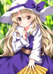 Rule 34 | 1girl, blonde hair, blush, bow, brown eyes, closed mouth, collared shirt, commentary request, dress, folding fan, hair between eyes, hand fan, hand up, hat, hat bow, highres, holding, holding fan, long hair, long sleeves, looking at viewer, one-hour drawing challenge, purple bow, purple dress, purple skirt, ruu (tksymkw), shirt, sidelocks, skirt, smile, solo, split mouth, standing, touhou, very long hair, watatsuki no toyohime, white hat, white shirt, wing collar