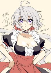 Rule 34 | 1girl, ahoge, blush, breasts, cleavage, commentary request, dress, grey hair, hair between eyes, hair ornament, highres, kanna (plum), large breasts, long hair, looking at viewer, low twintails, purple eyes, ribbon, senki zesshou symphogear, simple background, solo, twintails, white hair, yukine chris