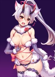 Rule 34 | &gt;:o, +++, 1girl, :o, animal ears, bad id, bad pixiv id, bare shoulders, blush, breasts, cat ears, cosplay, cowboy shot, elbow gloves, fangs, fate/grand order, fate (series), fingernails, fur-trimmed gloves, fur-trimmed legwear, fur trim, gloves, gradient background, hair between eyes, hair ribbon, head tilt, headband, high ponytail, highres, horns, lace, large breasts, long hair, looking at viewer, mash kyrielight, mash kyrielight (dangerous beast), mash kyrielight (dangerous beast) (cosplay), meion, nail polish, navel, o-ring, official alternate costume, oni horns, open mouth, panties, pink ribbon, ponytail, purple background, purple gloves, purple nails, purple thighhighs, red eyes, revealing clothes, ribbon, sharp fingernails, shiny skin, silver hair, slit pupils, solo, standing, stomach, thighhighs, tomoe gozen (fate), underwear, v-shaped eyebrows, white headband, white panties, white thighhighs