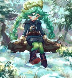 Rule 34 | 1girl, black footwear, blush stickers, boots, braid, brown mittens, child, closed mouth, commentary request, creatures (company), day, eyelashes, fur hat, game freak, green eyes, green hair, green hat, green pantyhose, hair between eyes, hat, highres, hood, hoodie, long hair, looking at viewer, mittens, nintendo, outdoors, pantyhose, pokemon, pokemon legends: arceus, rui (lruirui0521), sabi (pokemon), sitting, skirt, smile, snow, solo, twin braids, twintails