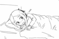 1boy 1girl arm_around_shoulder blanket blooddreaper blush hug karakai_jouzu_no_takagi-san looking_back monochrome nishikata pillow sleeping sleepover takagi-san zzz