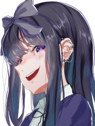 Rule 34 | 1girl, black hair, black neckwear, black ribbon, blush, bow, bright pupils, collared shirt, commentary request, cookie (touhou), ear piercing, grey bow, hair bow, highres, jacket, johnnyyyyy, long hair, looking at viewer, looking to the side, open mouth, piercing, portrait, purple eyes, purple jacket, ribbon, shirt, shunga youkyu, simple background, solo, star (symbol), star sapphire, touhou, upper body, white background, white pupils, white shirt