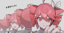 Rule 34 | 1girl, ahoge, commentary request, drill hair, grey background, hair between eyes, hair ribbon, jacket, kasane teto, kasane teto (sv), looking at viewer, multiple views, open mouth, red eyes, red hair, ribbon, shokuhen yuu, simple background, smile, synthesizer v, translation request, twin drills, white jacket, white ribbon