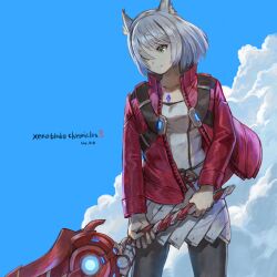 Rule 34 | 1girl, absurdres, animal ear fluff, animal ears, artist name, black pantyhose, blue sky, breasts, cat ears, cat girl, chest jewel, closed mouth, cloud, copyright name, cowboy shot, day, dress, grey hair, highres, holding, holding sword, holding weapon, jacket, legs apart, level-00, long sleeves, medium breasts, mio (xenoblade), monado, open clothes, open jacket, pantyhose, red jacket, short hair, sky, smile, solo, standing, sword, weapon, white dress, xenoblade chronicles (series), xenoblade chronicles 3, yellow eyes