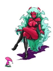 Rule 34 | 10s, 1girl, breasts, cleavage, colored skin, demon girl, fastener, green hair, horns, panty &amp; stocking with garterbelt, red skin, scanty (psg)