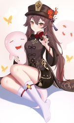 Rule 34 | 1girl, absurdres, black coat, black hat, black shorts, blush, breasts, brown hair, coat, coattails, flower, genshin impact, ghost, hat, hat flower, highres, hu tao (genshin impact), kneehighs, legs, long hair, long sleeves, looking at viewer, nail polish, plum blossoms, red eyes, shorts, sitting, small breasts, smile, socks, solo, symbol-shaped pupils, takeawatch, twintails, very long hair, white socks