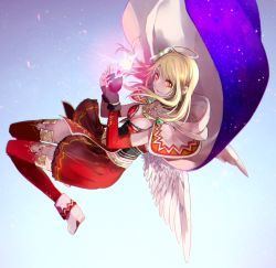 Rule 34 | 1girl, angel wings, blonde hair, blue background, cape, falling, fina (ffbe), final fantasy, final fantasy brave exvius, fingerless gloves, from above, full body, gem, gloves, glowing, jewelry, looking at viewer, medium hair, necklace, red eyes, solo, starry sky print, tarutaru yamaoka, thighhighs, white cape, white footwear, wings