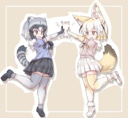 Rule 34 | 10s, 2girls, :d, animal ears, black footwear, black gloves, black hair, black skirt, blonde hair, blue shirt, brown eyes, common raccoon (kemono friends), eighth note, extra ears, eyebrows, facing another, fennec (kemono friends), fox ears, fox girl, fox tail, fur collar, gloves, grey hair, grey legwear, kemono friends, kolshica, leg up, looking at another, miniskirt, multicolored clothes, multicolored gloves, multicolored hair, multicolored legwear, multiple girls, musical note, open mouth, pink shirt, pleated skirt, raccoon ears, raccoon tail, shirt, shoes, short hair, skirt, smile, striped tail, symmetry, tail, tail raised, thighhighs, two-tone gloves, two-tone legwear, white gloves, white hair, white legwear, white skirt, yellow gloves, yellow legwear, zettai ryouiki