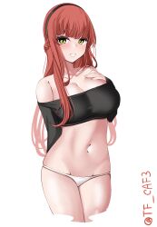 Rule 34 | 1girl, alternate costume, bare shoulders, blush, braid, breasts, crop top, cropped shirt, de ruyter (kancolle), french braid, green eyes, hairband, hand on own chest, highres, kantai collection, large breasts, long hair, looking at viewer, midriff, navel, off-shoulder shirt, off shoulder, panties, shirt, simple background, smile, solo, stomach, tf cafe, twitter username, underwear, white background, white panties