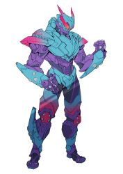 Rule 34 | 1boy, absurdres, armor, barid rex, blue armor, bodysuit, catball1994, clenched hand, cowboy shot, full body, gloves, glowing, glowing eyes, highres, horns, kamen rider, kamen rider revi, kamen rider revice, male focus, pink horns, purple gloves, red eyes, sharp teeth, stylistic, teeth, tyrannosaurus rex, white background