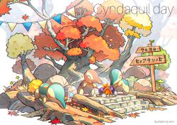 Rule 34 | ^ ^, alternate color, autumn leaves, character name, closed eyes, commentary request, creatures (company), cyndaquil, ekm, fire, game freak, gen 2 pokemon, nintendo, no humans, open mouth, pokemon, pokemon (creature), shiny and normal, shiny pokemon, sign, smile, stairs, tree
