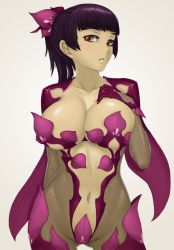 Rule 34 | 1girl, black hair, blush, breast cutout, breasts, cleavage, cleavage cutout, clothing cutout, collarbone, female focus, gloves, grey background, hair ribbon, hand on own chest, head tilt, hime cut, large breasts, long hair, looking at viewer, looking to the side, navel, navel cutout, neck, parted lips, ponytail, purple gloves, purple hair, purple thighhighs, revealing clothes, ribbon, simple background, solo, su.mi., thighhighs, underboob, yellow eyes