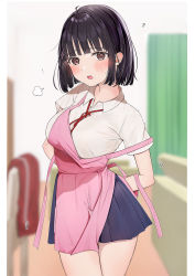 Rule 34 | 1girl, ?, absurdres, ahoge, apron, arms behind back, black hair, black skirt, blurry, blurry background, blush, bob cut, breasts, brown eyes, collared shirt, commentary request, cowboy shot, depth of field, highres, indoors, large breasts, looking at viewer, neck ribbon, open mouth, original, pink apron, pleated skirt, red ribbon, ribbon, shirt, short hair, skirt, solo, teeth, uiri-na, upper teeth only, white shirt