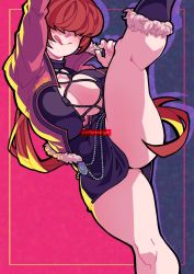 Rule 34 | 1girl, breasts, cottonwings, fashion, hair over eyes, leg lift, midriff, shermie (kof), signature, the king of fighters, the king of fighters xv, tongue, tongue out