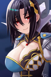 Rule 34 | 1girl, asymmetrical bangs, asymmetrical clothes, black hair, breast focus, breasts, ciderwrath, cleavage, cleavage cutout, close-up, clothing cutout, commentary, english commentary, fire emblem, fire emblem engage, fur trim, hair between eyes, half-closed eyes, jewelry, large breasts, long sleeves, looking at viewer, necklace, nel (fire emblem), nintendo, parted bangs, puffy sleeves, red eyes, short hair, simple background, smile, solo
