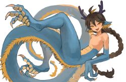 Rule 34 | 1boy, androgynous, animal ear fluff, animal ears, animal feet, animal hands, antenna hair, antlers, bifuteki (bi futeki), blue skin, braid, braided ponytail, braided tail, brown hair, claws, colored skin, completely nude, dragon boy, dragon ears, dragon tail, fangs, fewer digits, full body, fur-tipped tail, hair between eyes, horns, long hair, looking at viewer, male focus, monster boy, multicolored hair, multicolored skin, nude, open mouth, original, simple background, slit pupils, solo, streaked hair, tail, tsurime, very long hair, very long tail, white background, yellow eyes