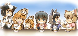 Rule 34 | 10s, 6+girls, ^ ^, aged down, animal ears, black hair, blonde hair, blue eyes, bow, bowtie, brown eyes, closed eyes, coffee cup, comic, commentary request, common raccoon (kemono friends), cow ears, cow tail, cup, disposable cup, elbow gloves, fennec (kemono friends), foam, food, food on face, fox ears, fur trim, gloves, gradient background, grey eyes, grey hair, handkerchief, hisahiko, holstein friesian cattle (kemono friends), japari symbol, kaban (kemono friends), kemono friends, long sleeves, milk mustache, multiple girls, no headwear, open mouth, pleated skirt, raccoon ears, saucer, serval (kemono friends), serval print, shirt, short hair, short ponytail, short sleeves, sitting, skirt, sleeveless, sleeveless shirt, smile, standing, steam, sweater, tail, | |