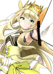 Rule 34 | 1girl, absurdres, armpits, blonde hair, breasts, celine (fire emblem), crown, dress, fire emblem, fire emblem engage, flower, foreshortening, green eyes, hahe, hair flower, hair ornament, highres, holding, holding sword, holding weapon, layered dress, long hair, nintendo, pointing, pointing at viewer, pointing sword, pointing weapon, princess, simple background, small breasts, smile, solo, sword, upper body, very long hair, weapon, white background, white dress, yellow dress