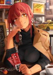 Rule 34 | 1girl, @ @, absurdres, black sweater, bra, bra visible through clothes, braid, braided ponytail, brown jacket, cafe, candy, chain, chain leash, chainsaw man, city, cityscape, coffee, coffee cup, collar, commentary, cup, disposable cup, english commentary, food, highres, jacket, jacket on shoulders, khyle., leash, lollipop, looking at viewer, makima (chainsaw man), marvel, marvel cinematic universe, meme, ponytail, red hair, ringed eyes, single braid, spider-man: no way home, spider-man (series), sweater, taxi, ticket, trade offer (meme), turtleneck, turtleneck sweater, underwear
