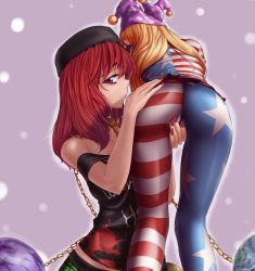 Rule 34 | 2girls, american flag dress, american flag legwear, ass, ass grab, ass rubbing, bare shoulders, blonde hair, chain, clothes writing, clownpiece, derivative work, earth (ornament), fingering, fingering through clothes, gradient background, hat, hater (hatater), head on ass, hecatia lapislazuli, highres, jester cap, kneepits, legs, long hair, multiple girls, off-shoulder shirt, off shoulder, pantyhose, pointy ears, red eyes, red hair, shirt, simple background, skin tight, smile, thigh gap, through clothes, touhou, very long hair, yuri