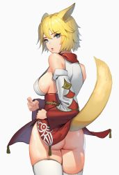 Rule 34 | animal ears, blonde hair, blue eyes, breasts, commentary, cowboy shot, fox ears, hair between eyes, highres, japanese clothes, large breasts, no bra, no panties, open mouth, original, romana, short hair, sideboob, solo, tail, thighhighs, unfinished, white background