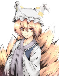 Rule 34 | 1girl, animal ears, bad id, bad pixiv id, brown eyes, brown hair, female focus, fox ears, fox tail, hands in opposite sleeves, japanese clothes, multiple tails, simple background, smile, solo, tail, takemori shintarou, touhou, upper body, white background, yakumo ran, yellow eyes