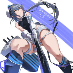 Rule 34 | 1girl, bare shoulders, blue hair, blue headwear, breasts, feet out of frame, from below, gegeron, gloves, highres, holding, kantai collection, machinery, scamp (kancolle), shorts, small breasts, solo, swimsuit, thighs, white gloves