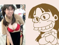 Rule 34 | 1girl, asian, breasts, caricature, cleavage, cosplay, cosplay photo, glasses, large breasts, mage (ragnarok online), parody, photo (medium), ragnarok online, smile, solo focus, teeth, twintails