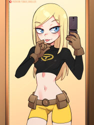 blonde_hair blue_eyes blush breasts cellphone dc_comics highres midriff mirror navel phone selfie shorts small_breasts solo teen_titans terra_(dc) tobias_wheller