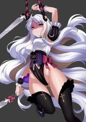 Rule 34 | 1girl, absurdres, arm up, armpits, black thighhighs, bow, breasts, caren hortensia, caren hortensia (amor caren), caren hortensia (amor caren) (third ascension), corset, dual wielding, fate/grand order, fate (series), frills, gluteal fold, hair ornament, highleg, highleg leotard, highres, holding, leotard, long hair, looking at viewer, medium breasts, pink bow, pink eyes, puffy short sleeves, puffy sleeves, shaded face, short sleeves, sirano, solo, sword, thighhighs, thighs, very long hair, wavy hair, weapon, white hair, wrist cuffs