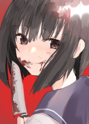 Rule 34 | 1girl, absurdres, black hair, blood, blood on face, bloody knife, blue sailor collar, brown eyes, commentary, highres, holding, holding knife, knife, looking at viewer, looking back, original, poono, portrait, red background, sailor collar, school uniform, serafuku, shirt, short hair, simple background, solo, symbol-only commentary, white shirt