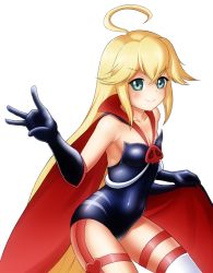 Rule 34 | 10s, 1girl, ahoge, bare shoulders, blonde hair, blush, breasts, cape, doronjo, elbow gloves, finalcake, gloves, green eyes, leopard (yatterman), leotard, long hair, looking at viewer, no mask, simple background, small breasts, smile, solo, strapless, strapless leotard, thigh strap, thighhighs, time bokan (series), very long hair, white background, white thighhighs, yatterman, yoru no yatterman