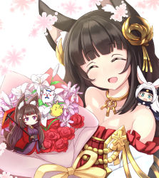 Rule 34 | &gt; &lt;, 3girls, :d, ^ ^, amagi (azur lane), animal ears, aqua eyes, azur lane, bare shoulders, bird, black hair, blush, bouquet, breasts, carrying, cat, cherry blossoms, chibi, chick, cleavage, closed eyes, collarbone, commentary request, detached sleeves, dress, eyeshadow, floral background, flower, fox ears, fox girl, fox tail, hair ornament, headband, highres, hiryuu (azur lane), holding, holding umbrella, honyara-san, jewelry, kitsune, kyuubi, long hair, looking at viewer, makeup, manjuu (azur lane), meowfficer (azur lane), multiple girls, multiple tails, nagato (azur lane), necklace, off-shoulder dress, off-shoulder shirt, off shoulder, oil-paper umbrella, open mouth, ponytail, rabbit ears, red flower, red rose, rose, shirt, simple background, size difference, smile, tail, thick eyebrows, umbrella, white hair