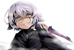 Rule 34 | 1girl, commentary request, dagger, evil grin, evil smile, facial scar, fate/apocrypha, fate/grand order, fate (series), green eyes, grin, hair between eyes, jack the ripper (fate/apocrypha), knife, scar, scar across eye, scar on cheek, scar on face, shiuhito (saihate), silver hair, smile, solo, weapon, white background